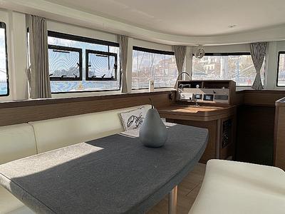 Salon of Orsa, a Lagoon 42 catamaran at Skiathos, Greece