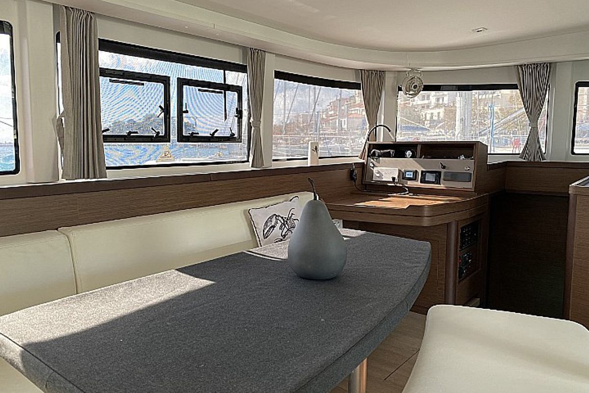 Salon of Orsa, a Lagoon 42 catamaran at Skiathos, Greece