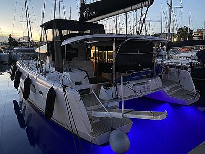 Exterior view of Orsa, a Lagoon 42 catamaran at Skiathos, Greece