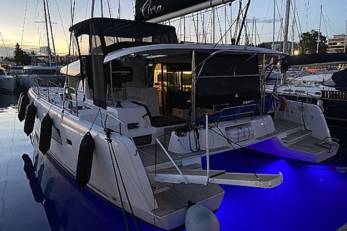 Exterior view of Orsa, a Lagoon 42 catamaran at Skiathos, Greece