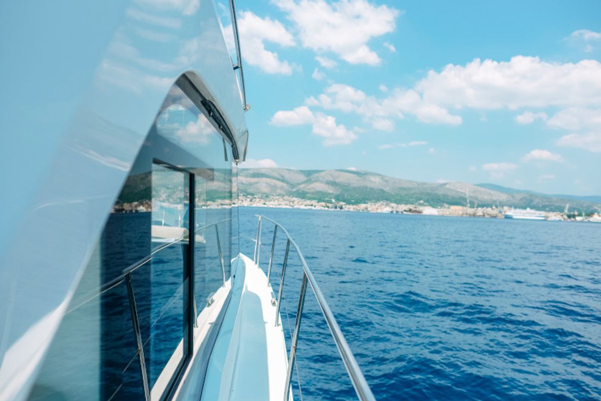 Exterior view of Ivona, a Bavaria E40 Fly motorboat at Seget Donji, Croatia