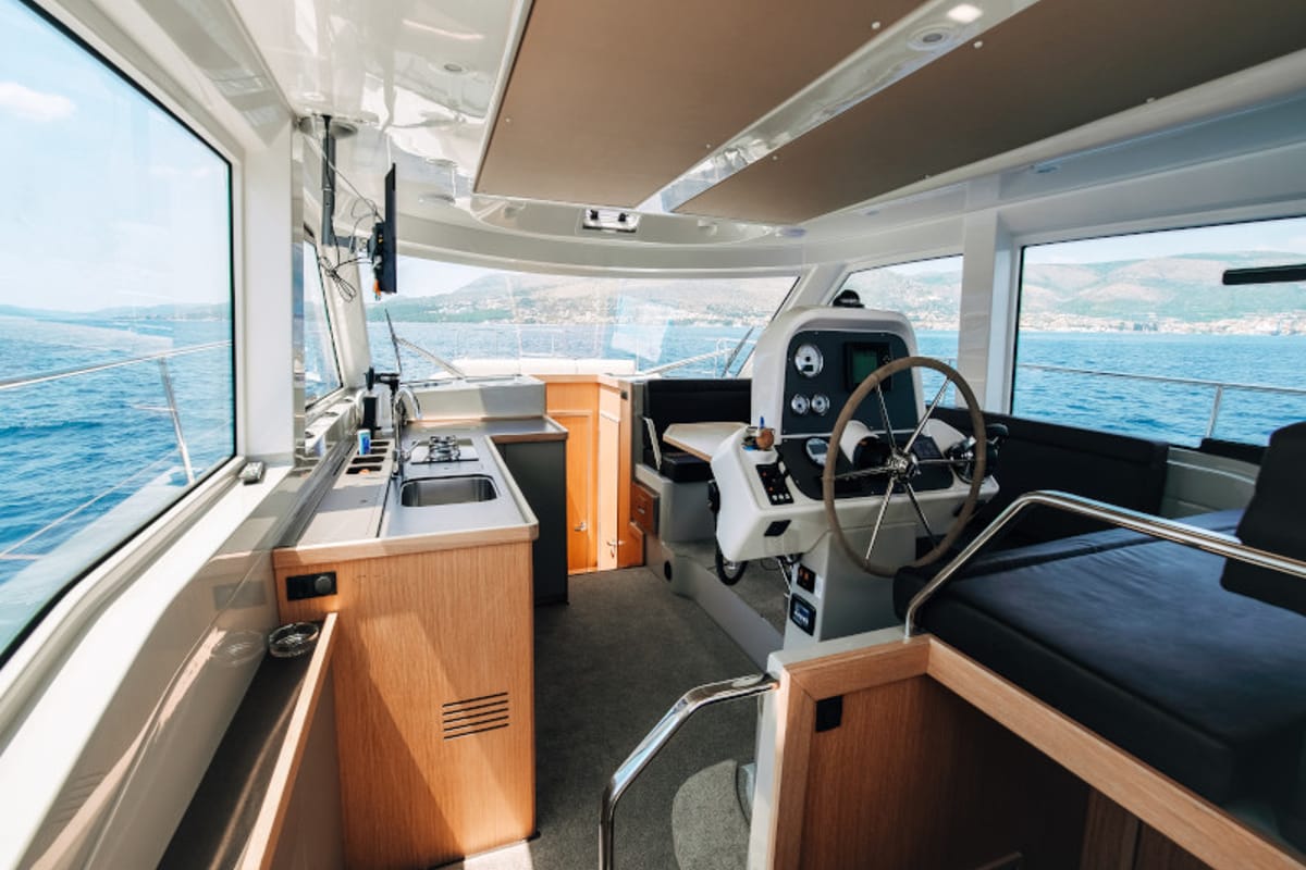 Cockpit of Ivona, a Bavaria E40 Fly motorboat at Seget Donji, Croatia