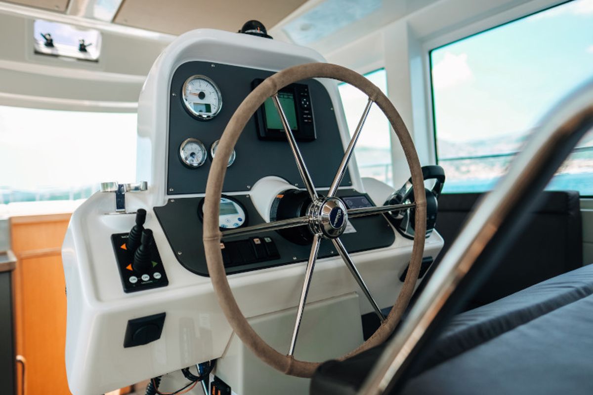 Cockpit of Ivona, a Bavaria E40 Fly motorboat at Seget Donji, Croatia