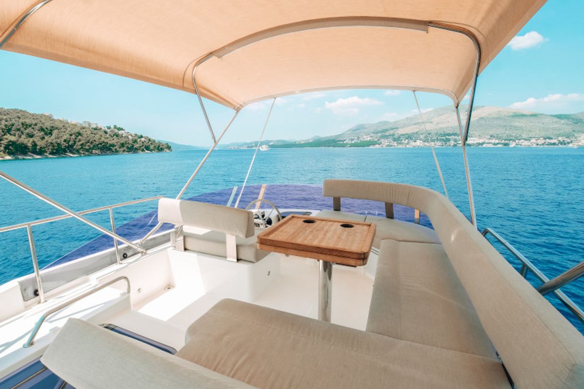 Deck of Ivona, a Bavaria E40 Fly motorboat at Seget Donji, Croatia