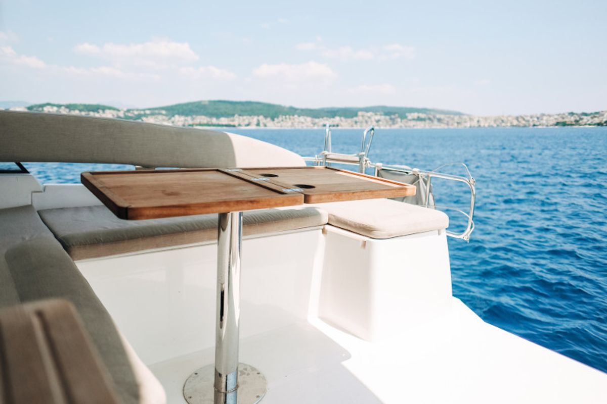Deck of Ivona, a Bavaria E40 Fly motorboat at Seget Donji, Croatia
