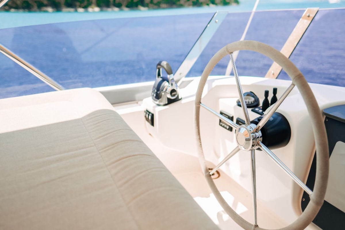 Cockpit of Ivona, a Bavaria E40 Fly motorboat at Seget Donji, Croatia
