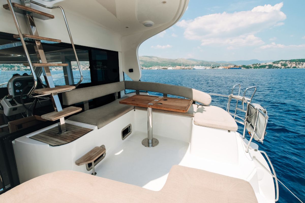 Deck of Ivona, a Bavaria E40 Fly motorboat at Seget Donji, Croatia