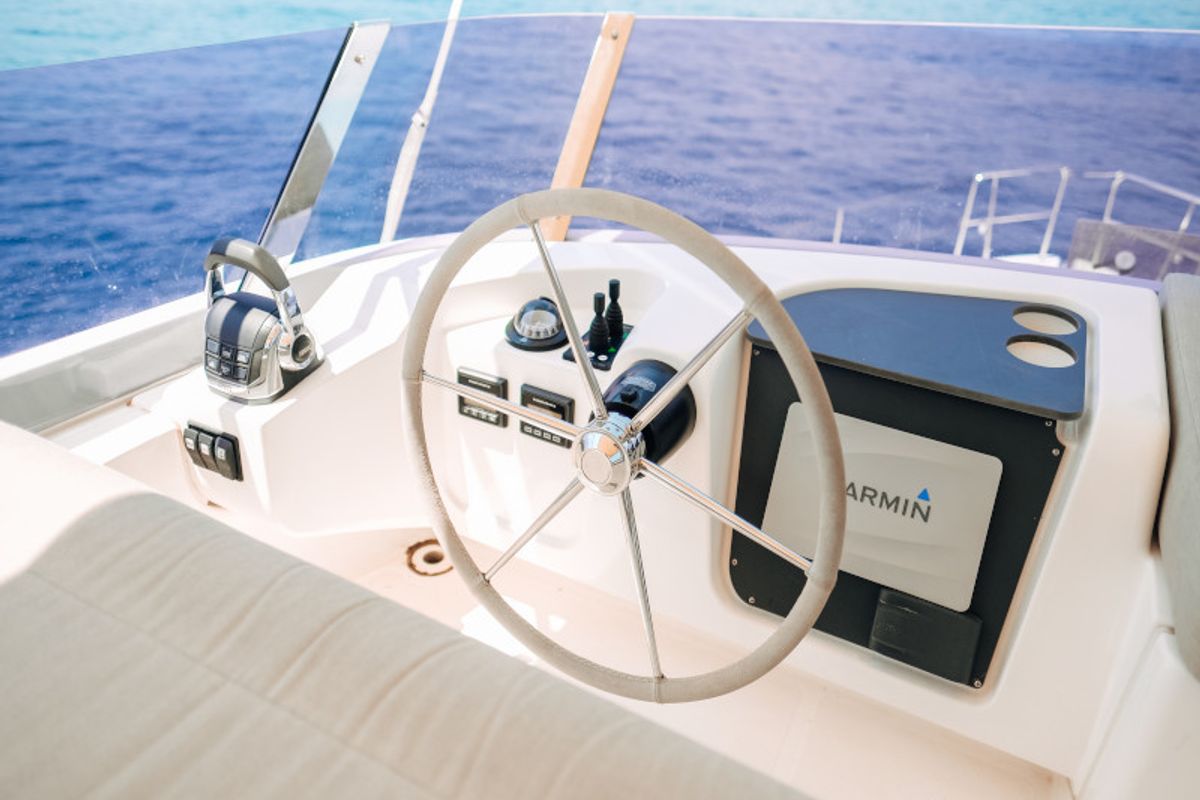 Cockpit of Ivona, a Bavaria E40 Fly motorboat at Seget Donji, Croatia