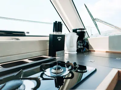 Galley of Ivona, a Bavaria E40 Fly motorboat at Seget Donji, Croatia