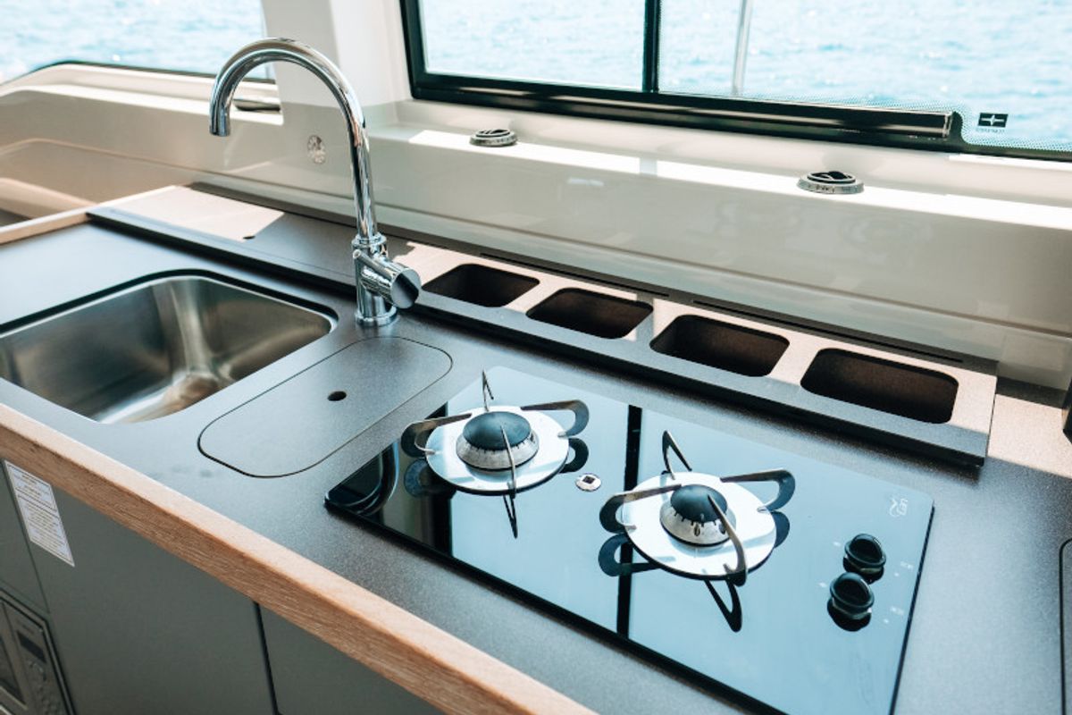 Galley of Ivona, a Bavaria E40 Fly motorboat at Seget Donji, Croatia