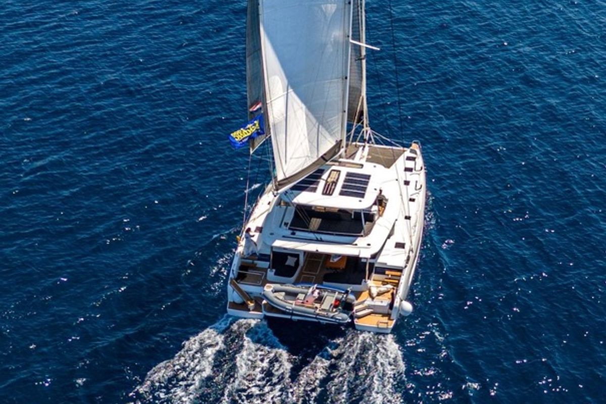Exterior view of TIGA GRANDE, a Lagoon 55 catamaran at Grad Šibenik, Croatia