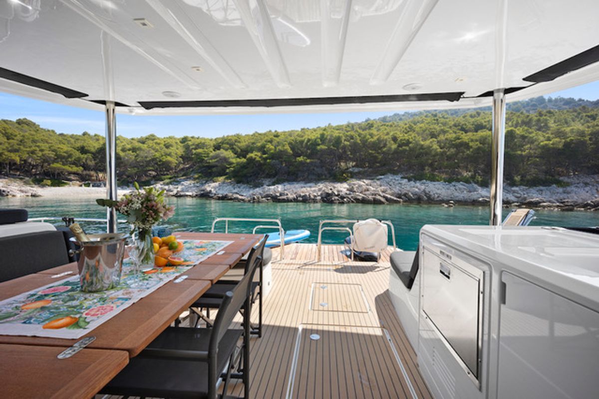Deck of TIGA GRANDE, a Lagoon 55 catamaran at Grad Šibenik, Croatia