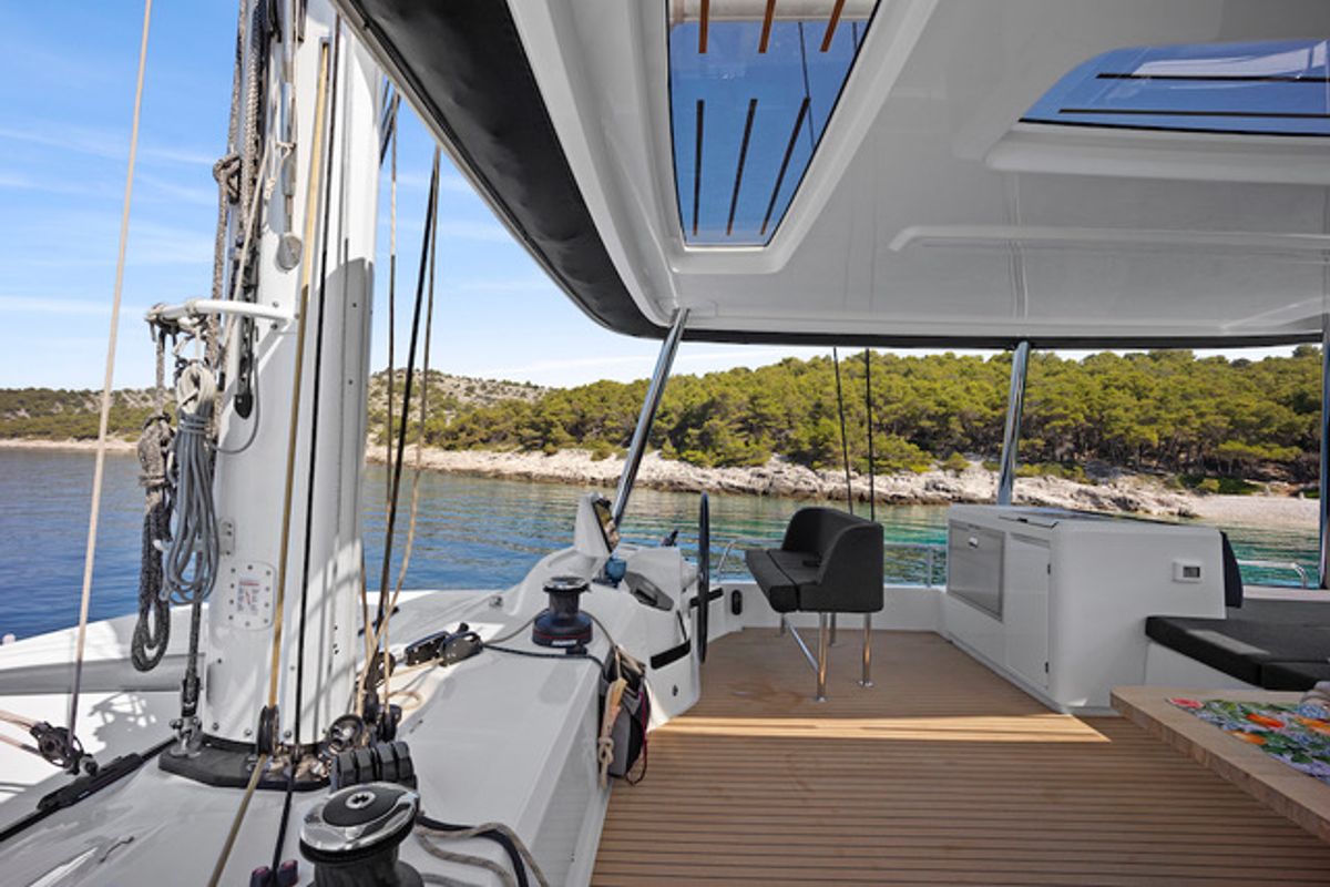 Cockpit of TIGA GRANDE, a Lagoon 55 catamaran at Grad Šibenik, Croatia