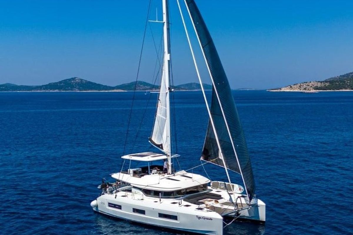 Exterior view of TIGA GRANDE, a Lagoon 55 catamaran at Grad Šibenik, Croatia