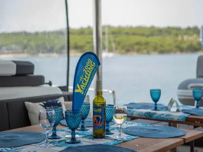 Deck of TIGA GRANDE, a Lagoon 55 catamaran at Grad Šibenik, Croatia