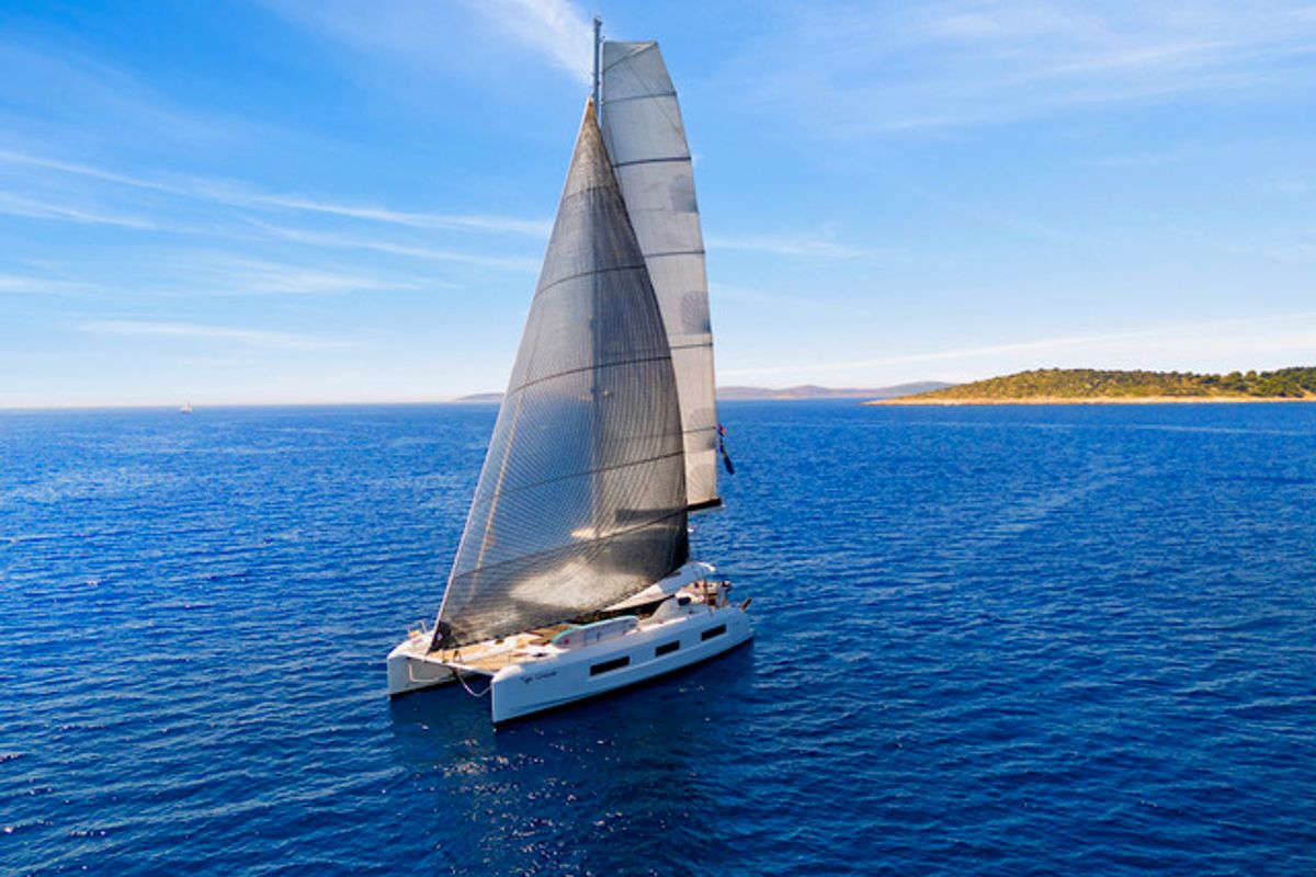 Exterior view of TIGA GRANDE, a Lagoon 55 catamaran at Grad Šibenik, Croatia