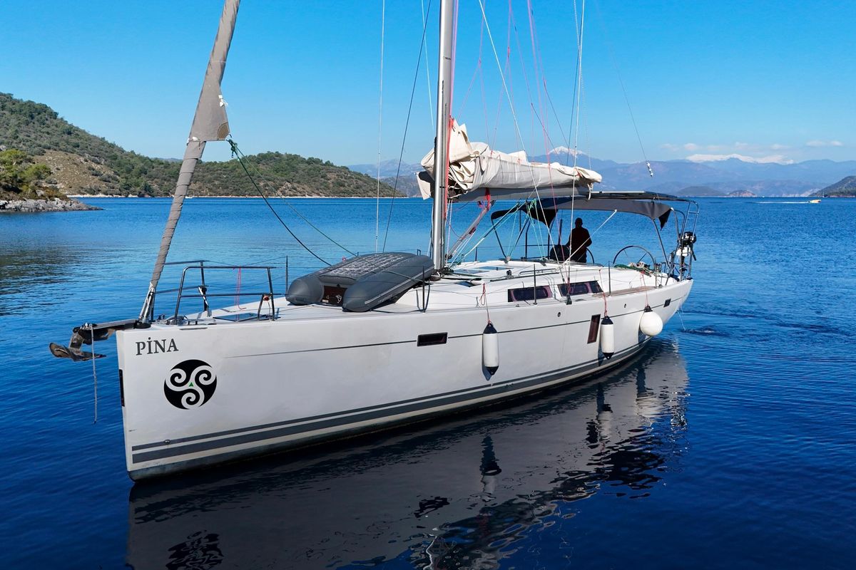 Exterior view of Pina, a Hanse Yachts Hanse 445 sailboat at Fethiye, Turkey
