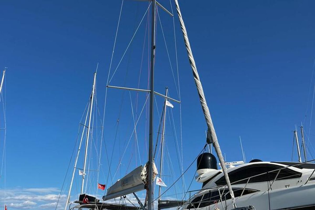 Exterior view of Pina, a Hanse Yachts Hanse 445 sailboat at Fethiye, Turkey