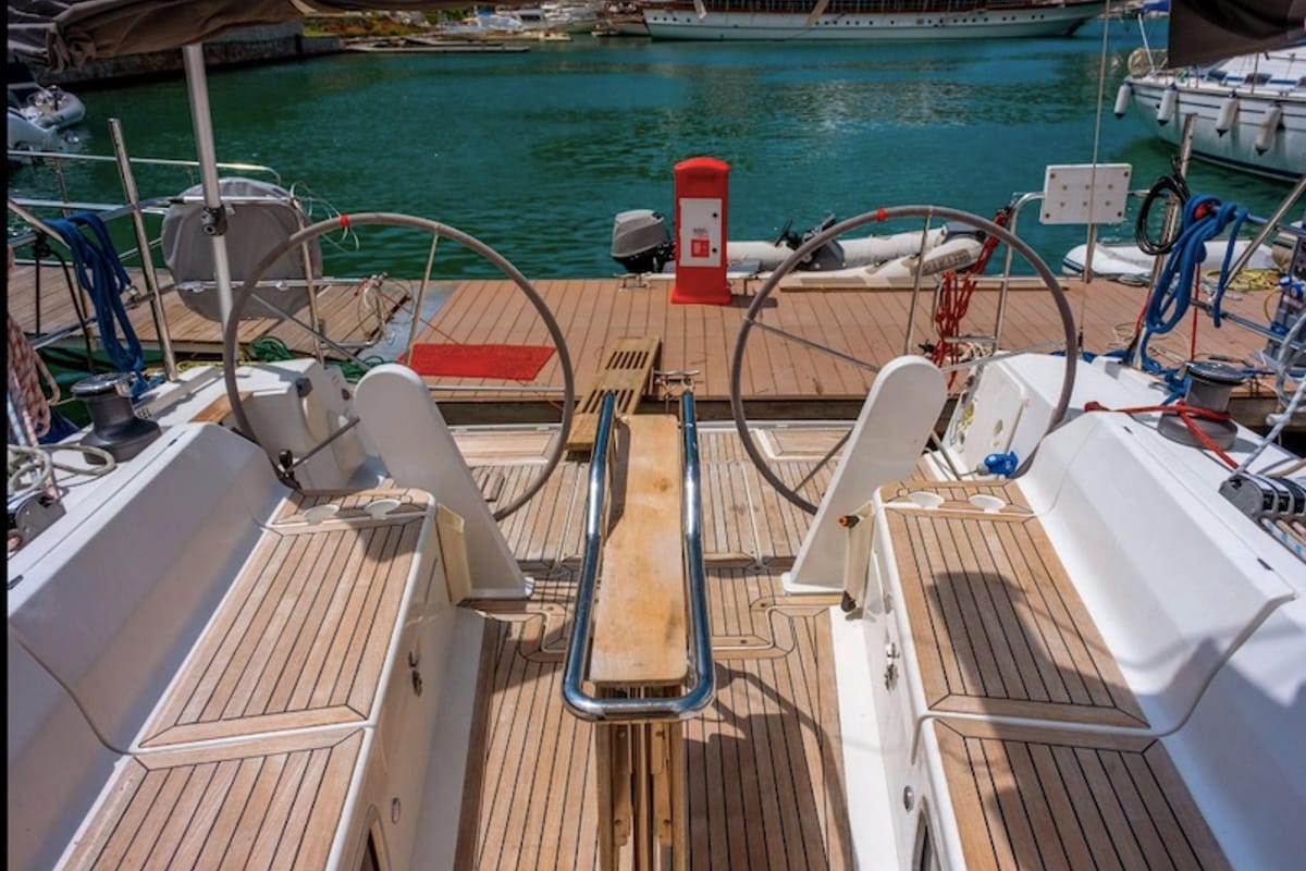 Cockpit of Pina, a Hanse Yachts Hanse 445 sailboat at Fethiye, Turkey