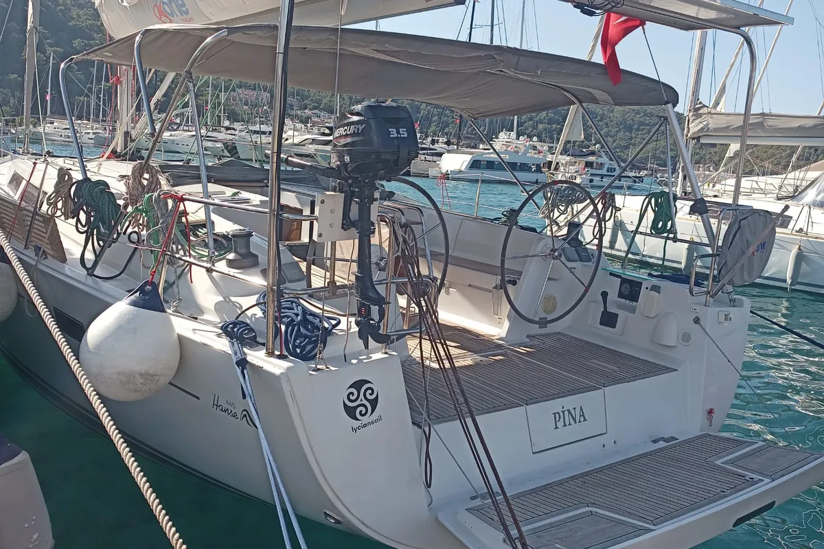 Exterior view of Pina, a Hanse Yachts Hanse 445 sailboat at Fethiye, Turkey