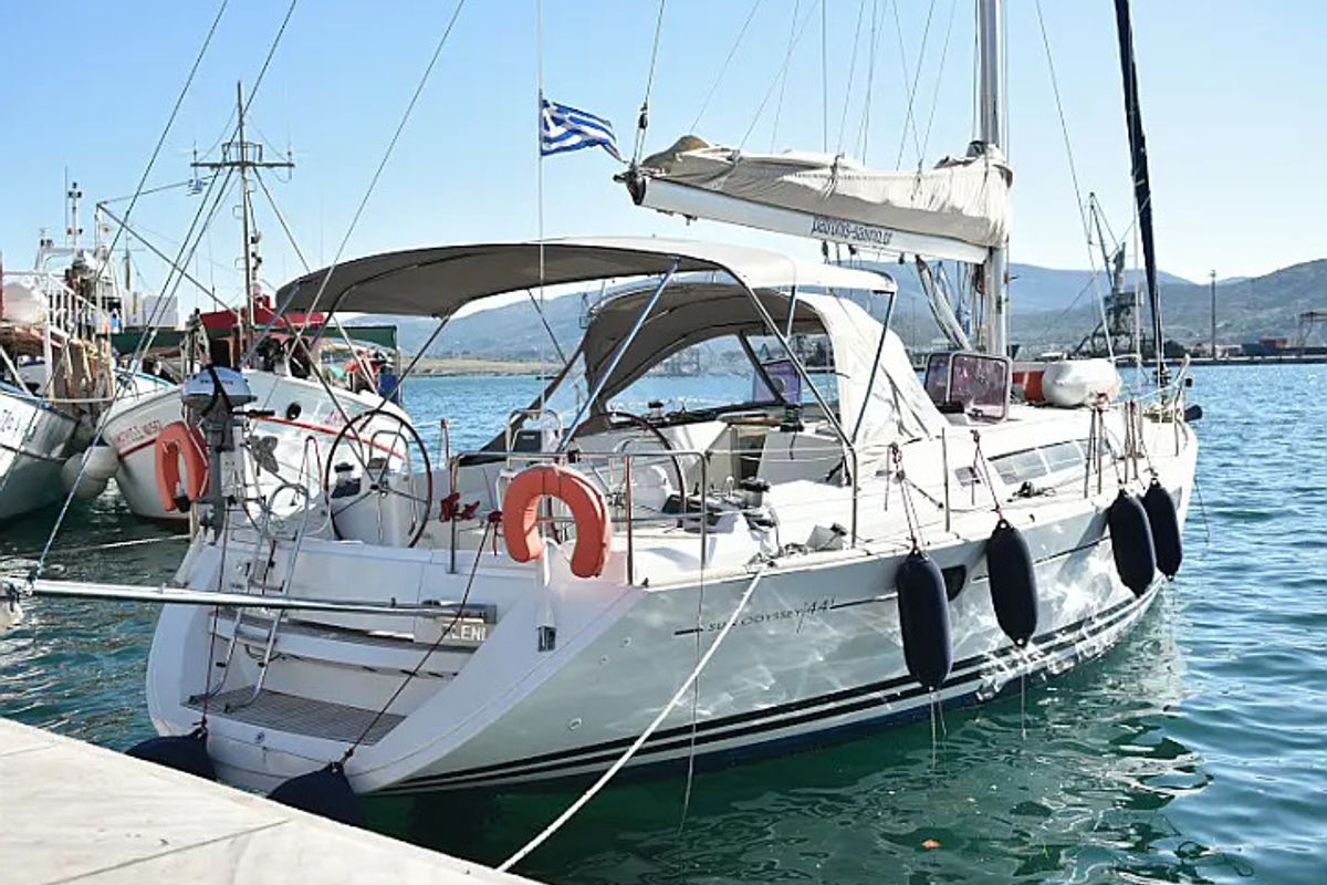 Exterior view of Eleni, a Jeanneau Sun Odyssey 44 i sailboat at Volos Municipality, Greece