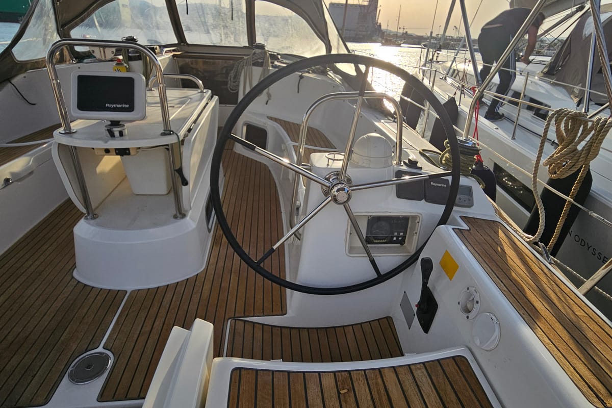 Cockpit of Eleni, a Jeanneau Sun Odyssey 44 i sailboat at Volos Municipality, Greece