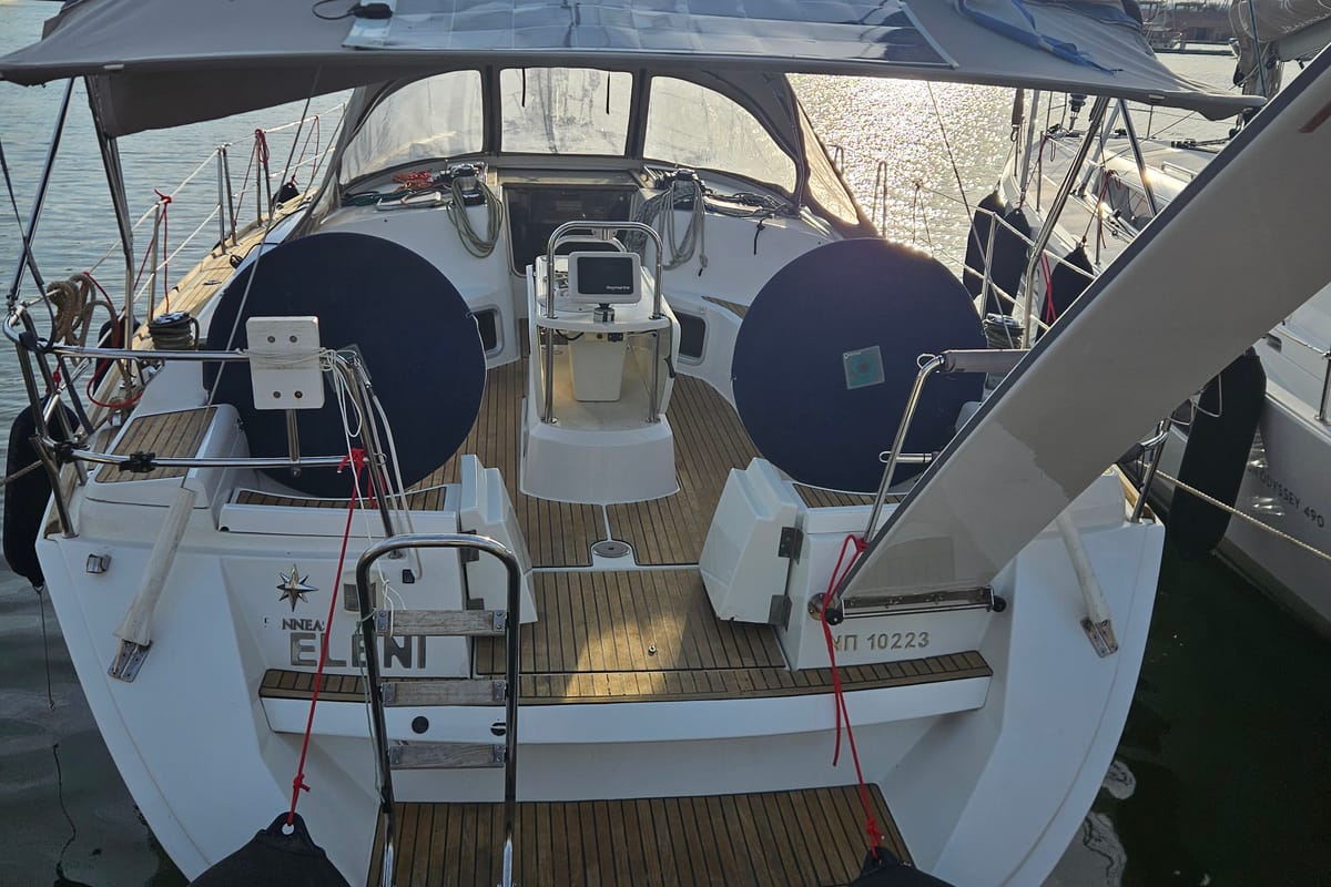 Deck of Eleni, a Jeanneau Sun Odyssey 44 i sailboat at Volos Municipality, Greece
