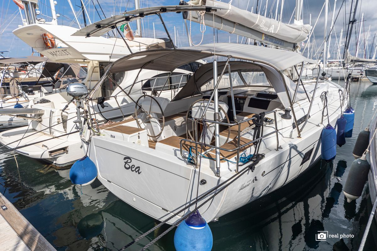 Exterior view of Bea, a Hanse Yachts Hanse 458 sailboat at Puntone di Scarlino, Italy