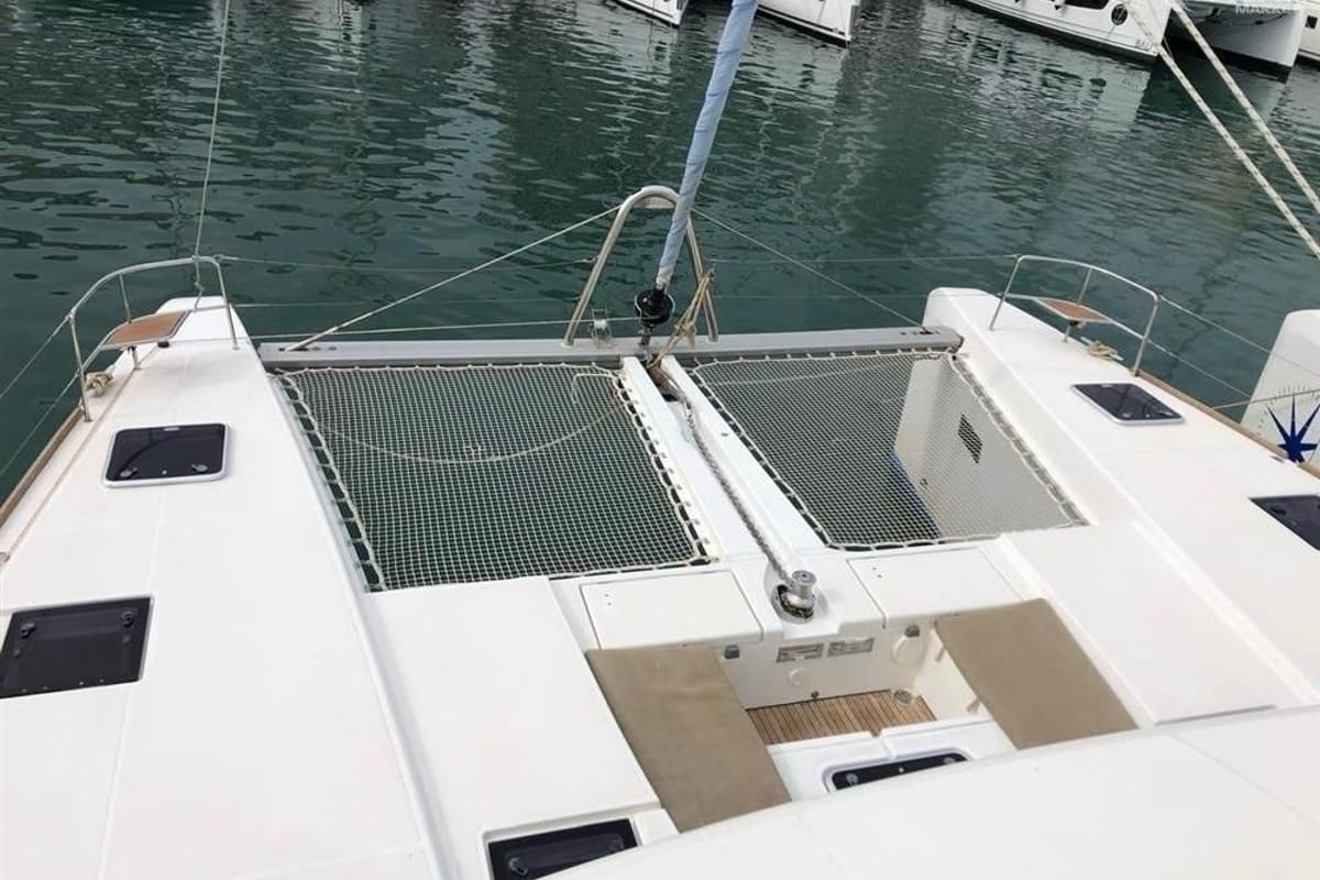 Deck of DELUXE, a Lagoon 52F catamaran at Sant Antoni de Portmany, Spain