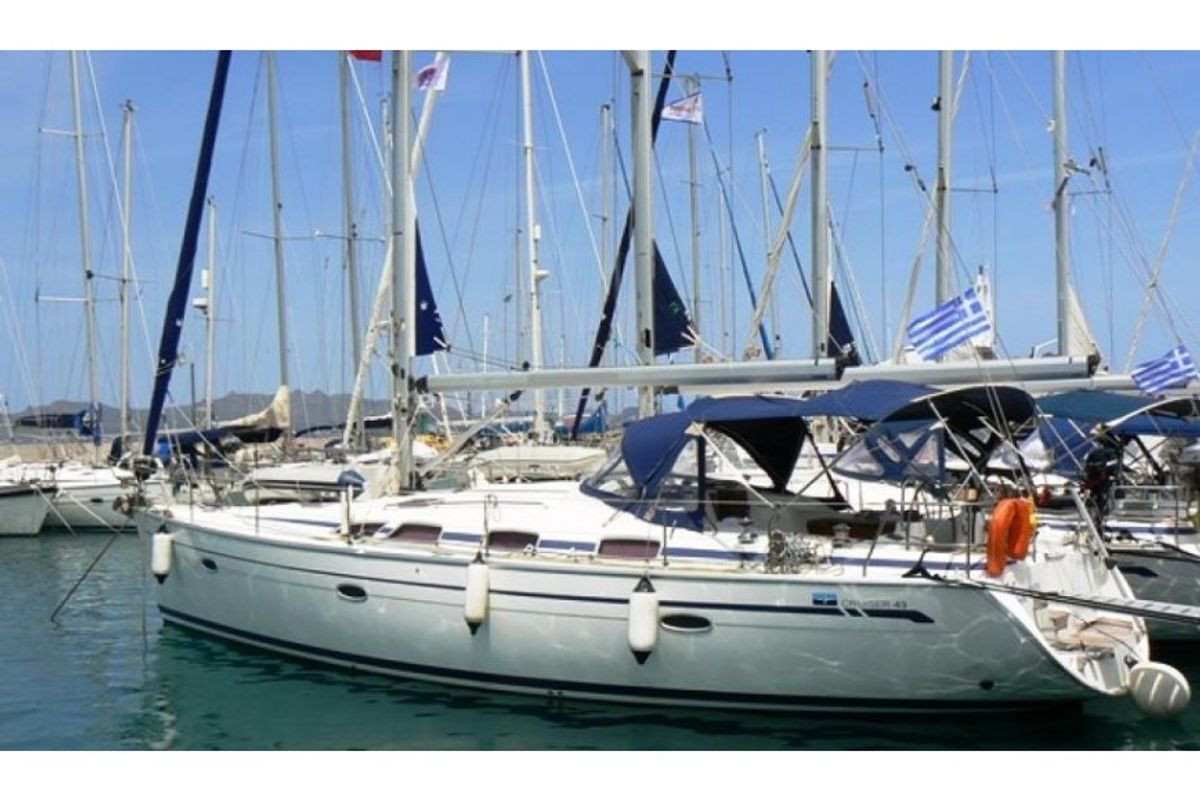 Exterior view of Beta , a Bavaria 43 Cruiser sailboat at Municipal Unit of Lefkada, Greece