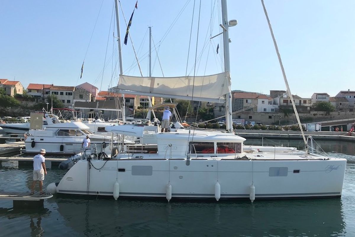 Exterior view of MAJESTIC, a Lagoon 450 catamaran at Grad Šibenik, Croatia