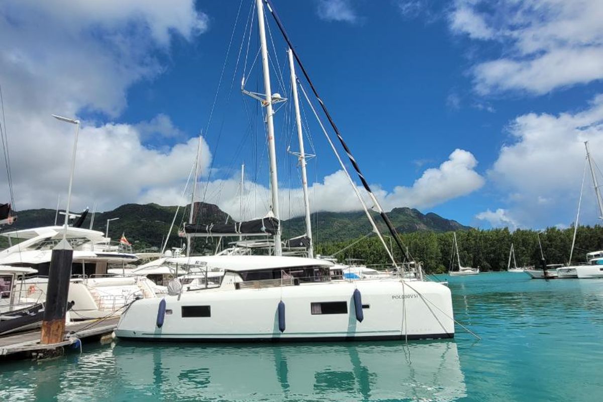 Exterior view of Best Q, a Lagoon 42 catamaran at Seychelles, Mahe, Seychelles