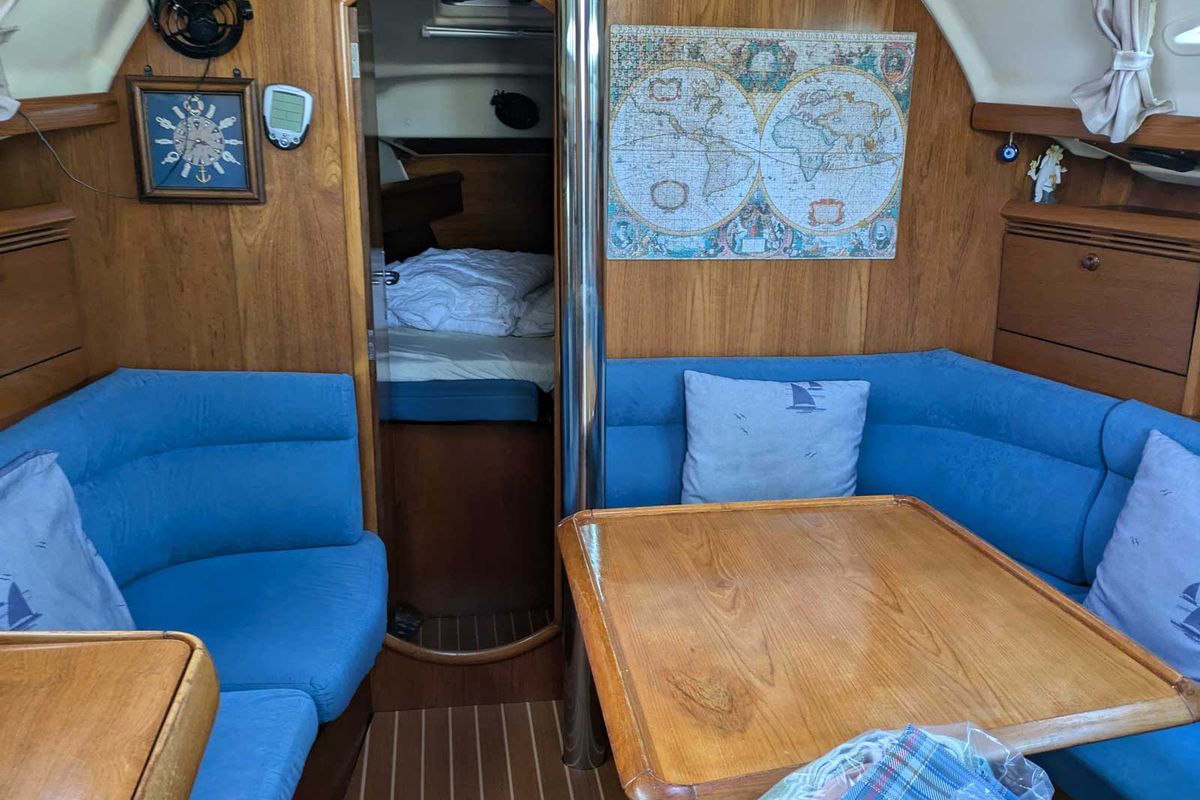 Salon of Panoramix, a Jeanneau Sun Odyssey 37 sailboat at Gouvia, Greece