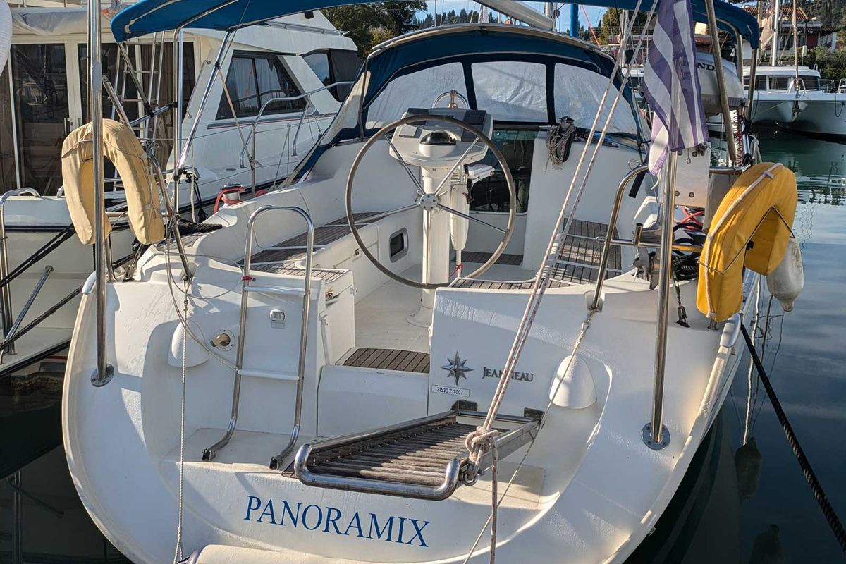 Exterior view of Panoramix, a Jeanneau Sun Odyssey 37 sailboat at Gouvia, Greece