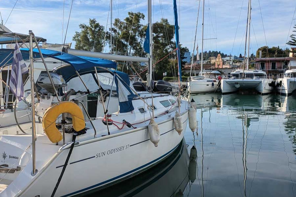 Exterior view of Panoramix, a Jeanneau Sun Odyssey 37 sailboat at Gouvia, Greece