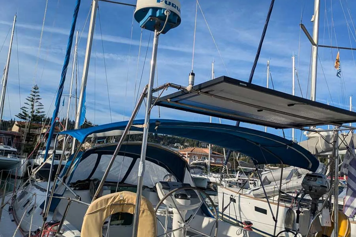 Deck of Panoramix, a Jeanneau Sun Odyssey 37 sailboat at Gouvia, Greece
