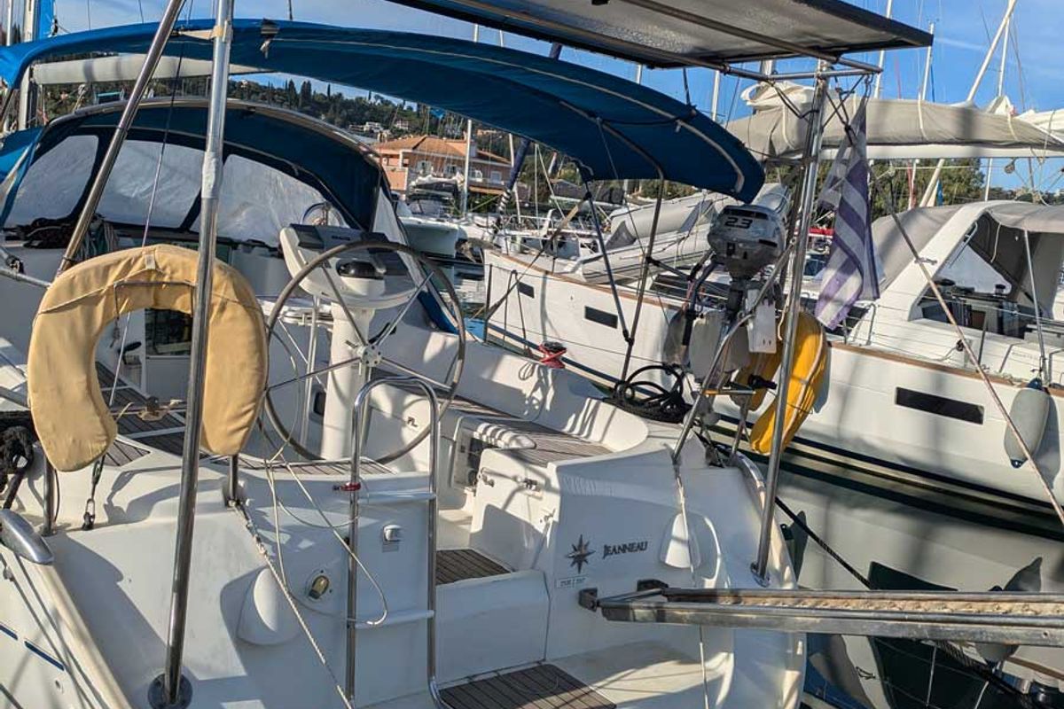 Cockpit of Panoramix, a Jeanneau Sun Odyssey 37 sailboat at Gouvia, Greece