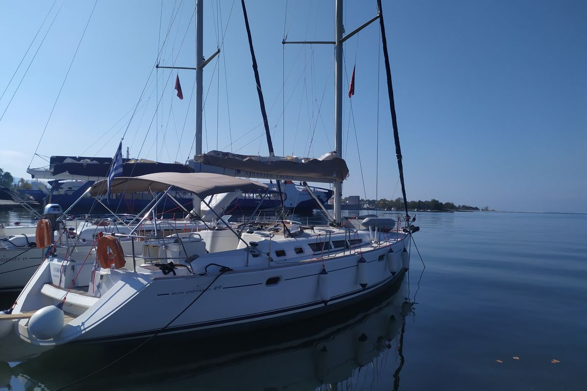 Exterior view of Lito, a Jeanneau Sun Odyssey 49 sailboat at Keramoti, Greece