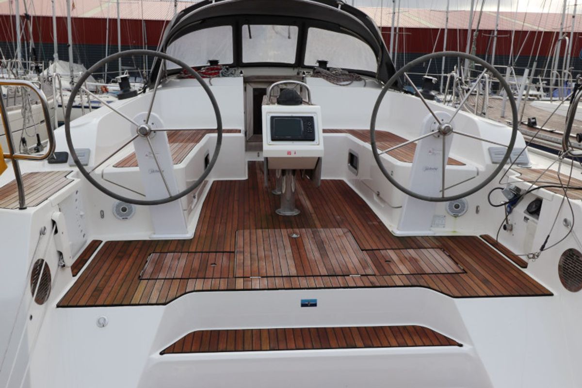 Cockpit of Ocean Breeze, a Bavaria 46 sailboat at Yerseke, Netherlands