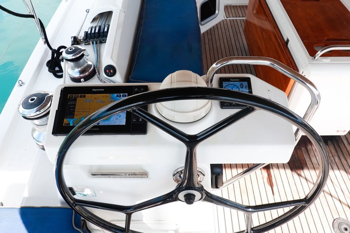 Cockpit of Paradise Found, a Jeanneau 54 sailboat at Ribishi, Saint Vincent and the Grenadines