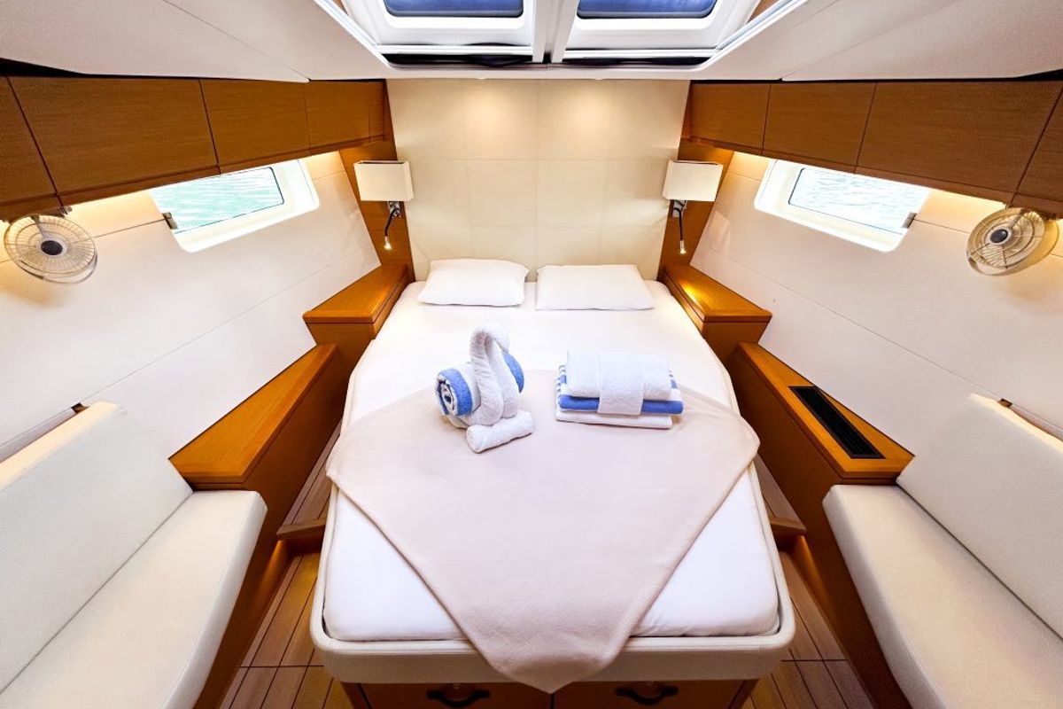 Cabin on Paradise Found, a Jeanneau 54 sailboat at Ribishi, Saint Vincent and the Grenadines