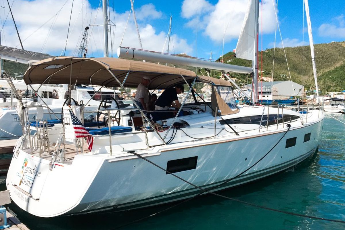 Exterior view of Paradise Found, a Jeanneau 54 sailboat at Ribishi, Saint Vincent and the Grenadines