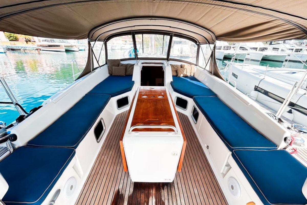 Cockpit of Paradise Found, a Jeanneau 54 sailboat at Ribishi, Saint Vincent and the Grenadines