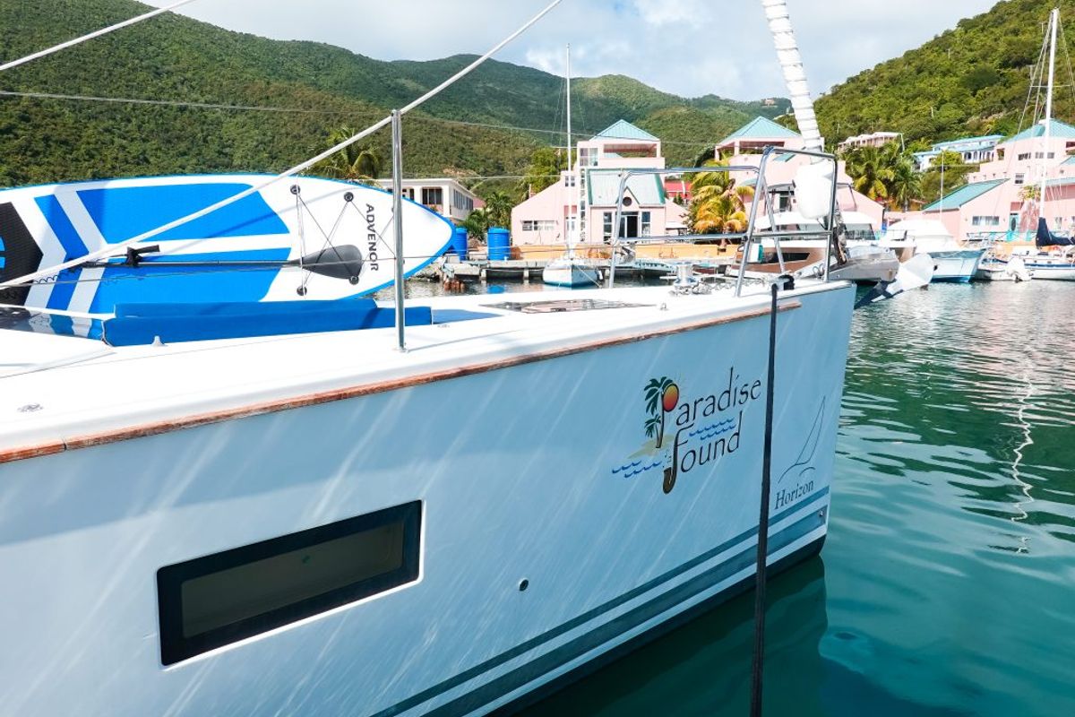 Exterior view of Paradise Found, a Jeanneau 54 sailboat at Ribishi, Saint Vincent and the Grenadines