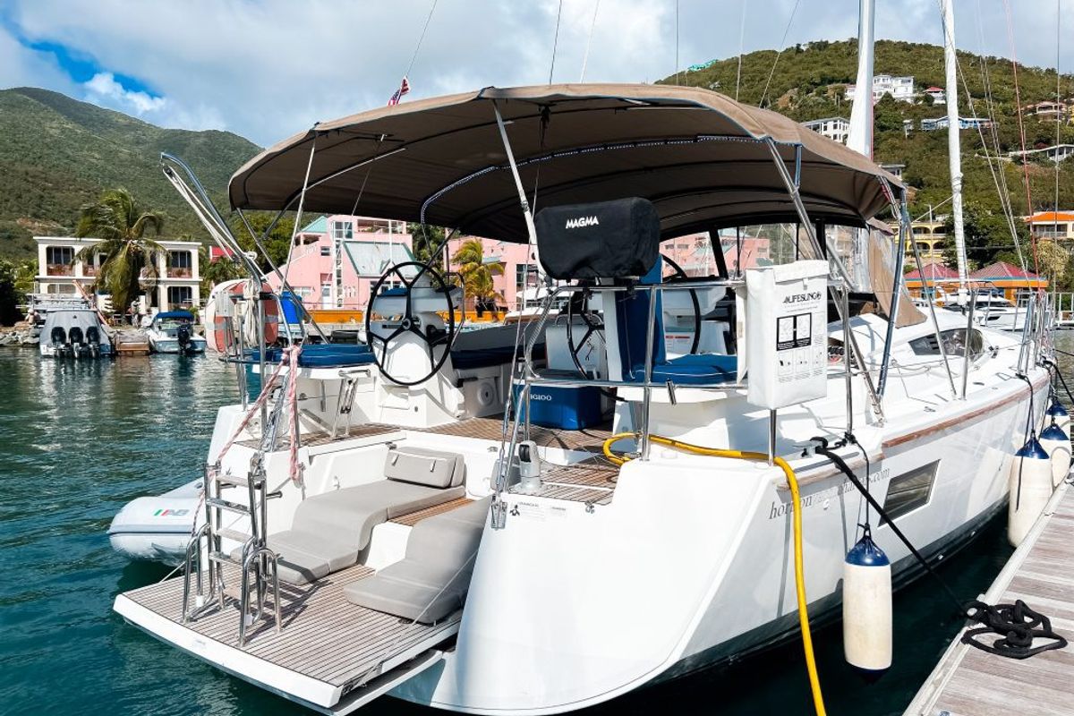 Exterior view of Paradise Found, a Jeanneau 54 sailboat at Ribishi, Saint Vincent and the Grenadines
