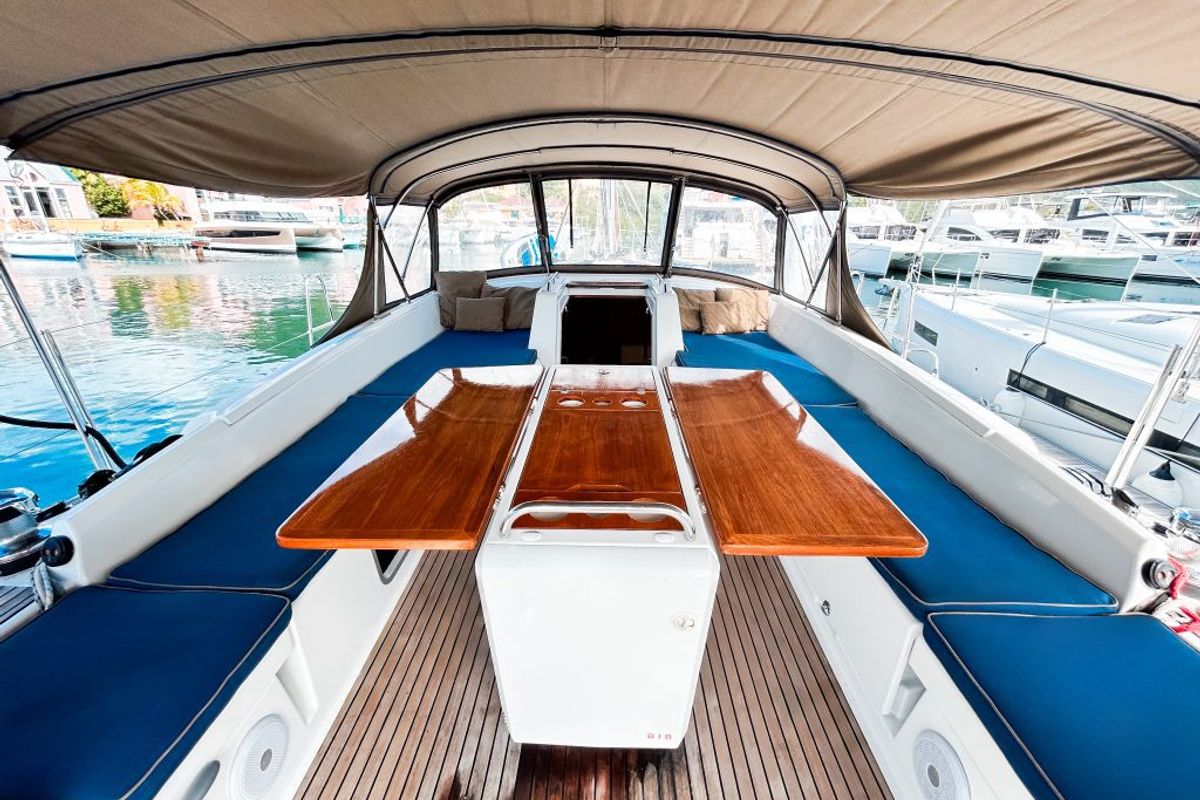 Deck of Paradise Found, a Jeanneau 54 sailboat at Ribishi, Saint Vincent and the Grenadines