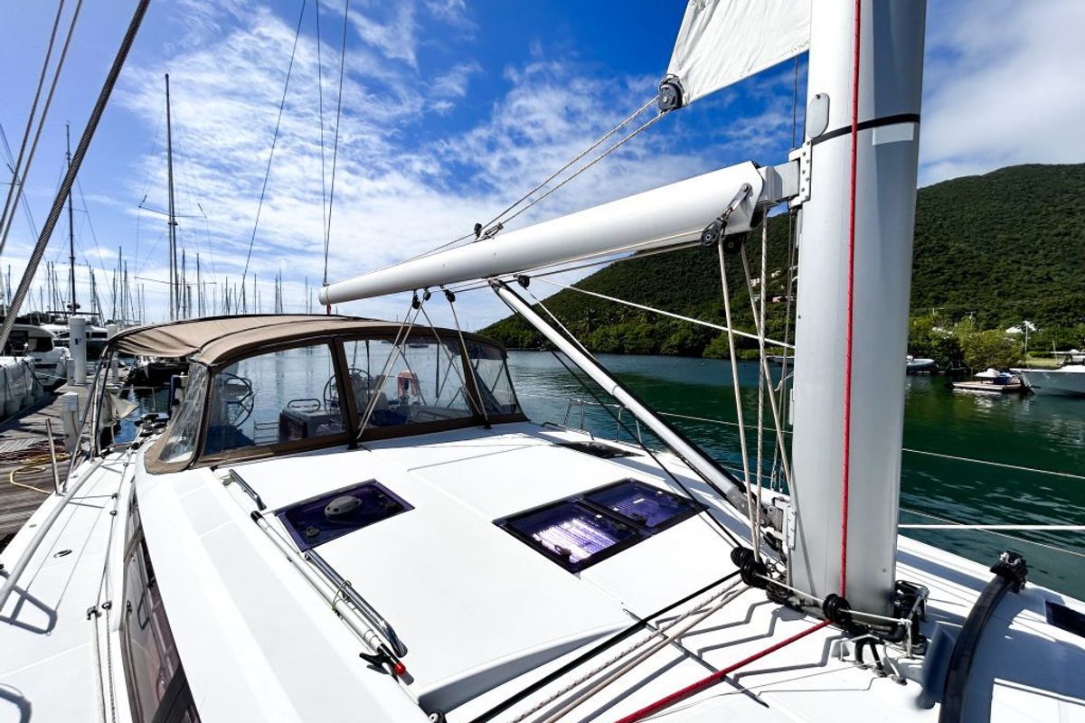 Deck of Paradise Found, a Jeanneau 54 sailboat at Ribishi, Saint Vincent and the Grenadines