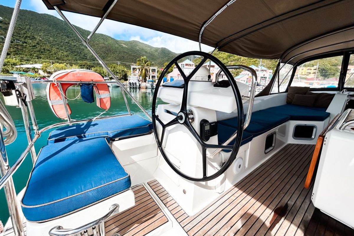 Cockpit of Paradise Found, a Jeanneau 54 sailboat at Ribishi, Saint Vincent and the Grenadines