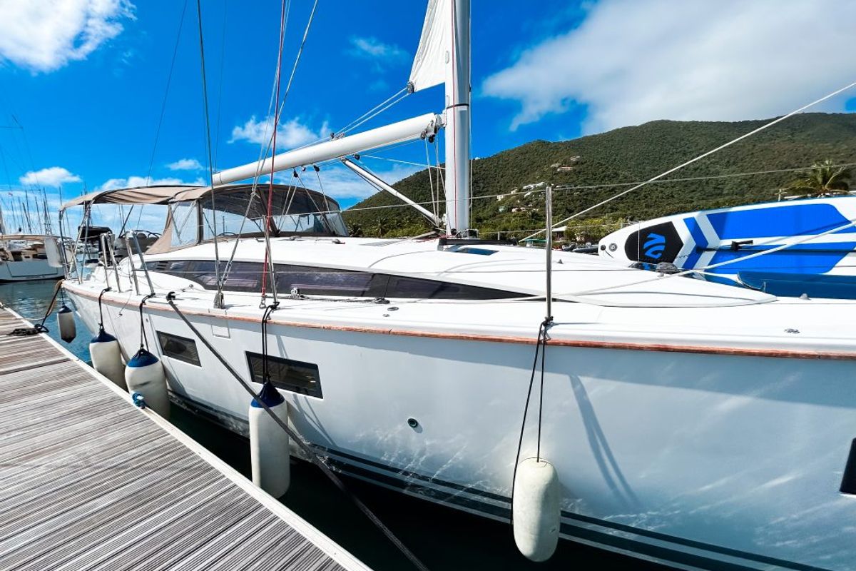 Deck of Paradise Found, a Jeanneau 54 sailboat at Ribishi, Saint Vincent and the Grenadines