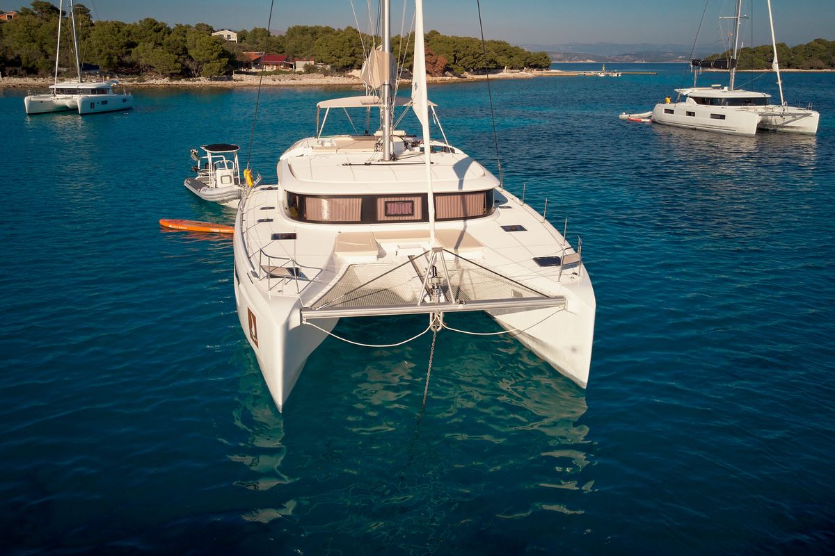 Exterior view of LUNA, a Lagoon 46 catamaran at Grad Trogir, Croatia